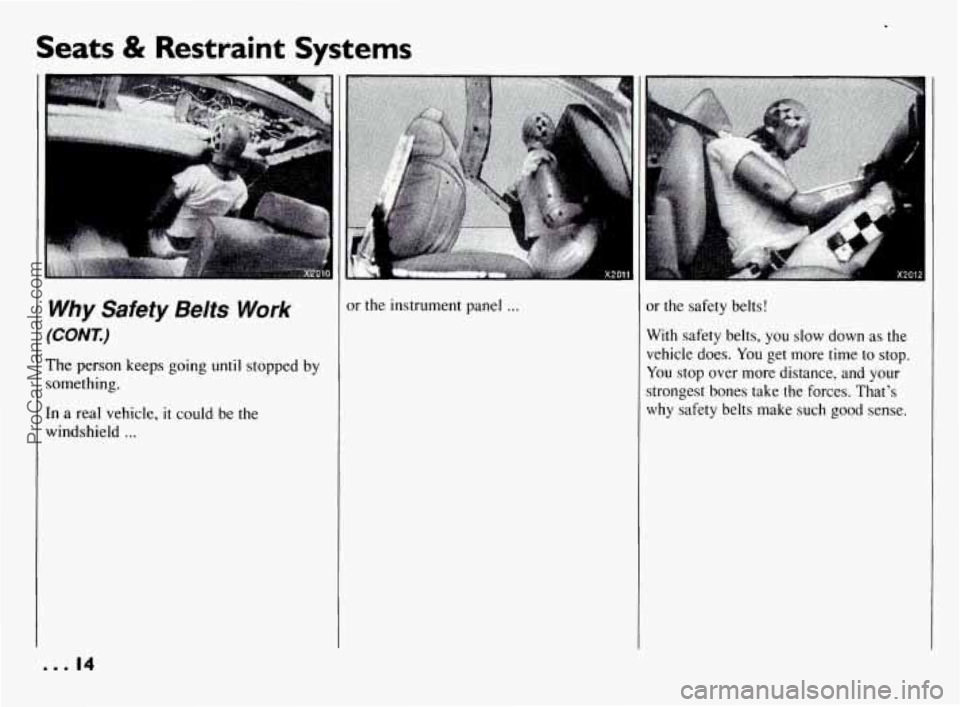PONTIAC BONNEVILLE 1994  Owners Manual Seats & Restraint  Systems 
Why Safety Belts Work 
(COrV7y 
The person  keeps  going  until  stopped  by 
something. 
In  a real  vehicle, 
it could  be the 
windshield 
... 
0 0.14 
or the instrument
