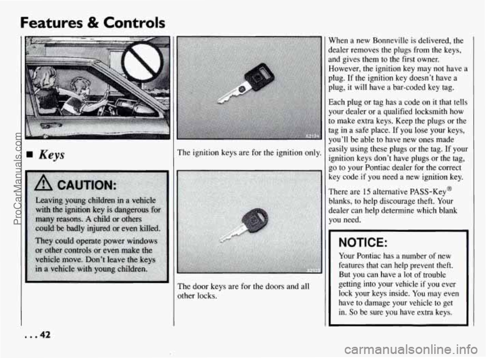 PONTIAC BONNEVILLE 1994  Owners Manual Features & Controls 
F 
... 42 
The ignition  keys are for the ignition  only. 
The  door  keys are for  the doors  and all 
other locks.  When 
a 
new Bonneville  is  delivered,  the 
dealer  removes