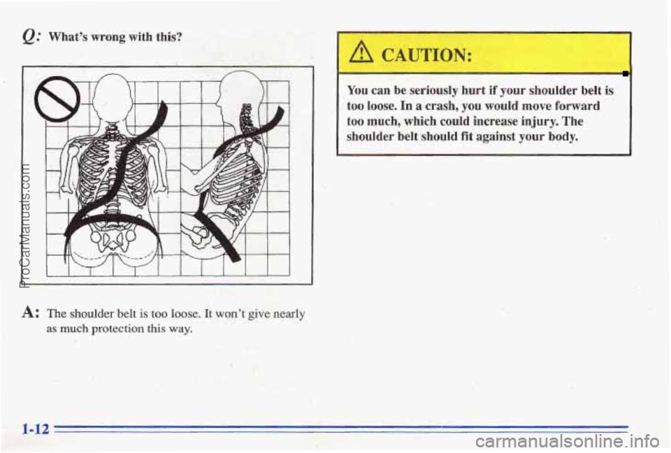 PONTIAC BONNEVILLE 1996  Owners Manual @ Whats  wrong  with  this? 
A: The shoulder  belt is too loose. It  wont  give  nearly 
as much protection this way. 
You can be seriously  hurt  if  your  shoulder  belt is 
too loose. In a crash,