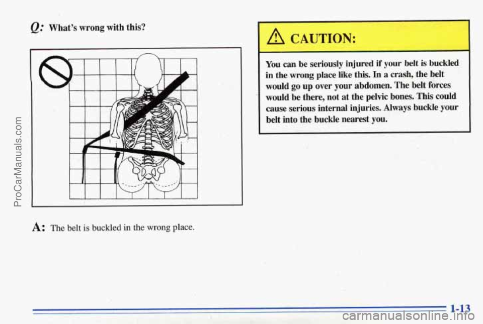 PONTIAC BONNEVILLE 1996  Owners Manual &: What’s  wrong  with  this? 
I I I I I I I I I 
A CAUTION.: 
You can be  seriously  injured if your  belt  is  buckled 
in the wrong place  like  this. In a  crash,  the  belt 
would  go  up  over