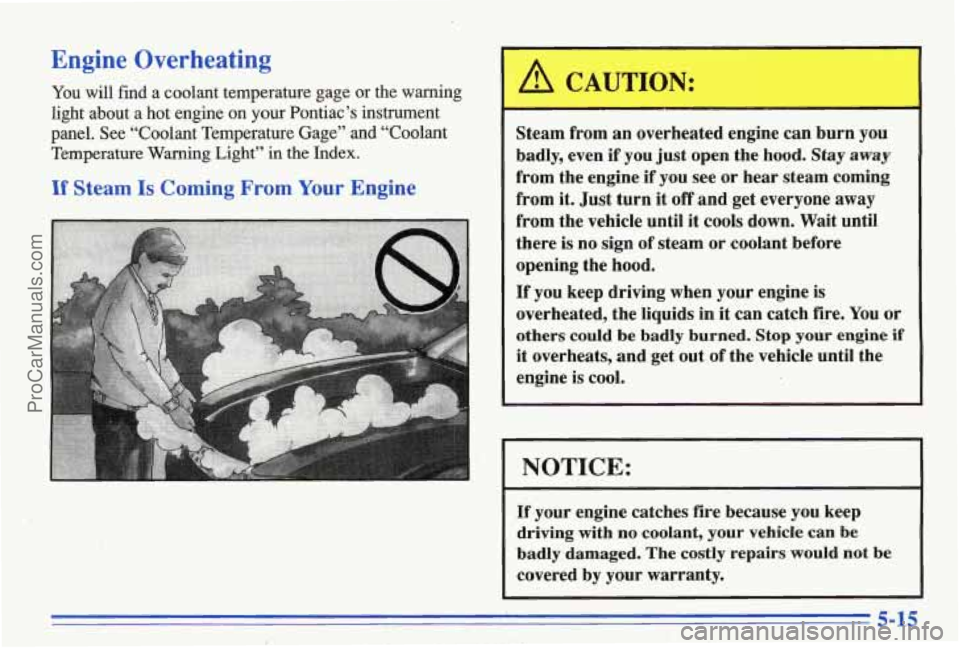 PONTIAC BONNEVILLE 1996  Owners Manual Engine Overheating 
You will  find  a  coolant  temperature  gage  or  the  warning 
light  about  a  hot  engine 
on your Pontiac’s  instrument 
panel.  See  “Coolant  Temperature  Gage”  and  