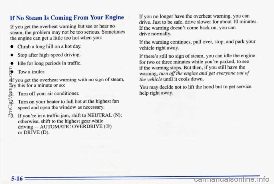 PONTIAC BONNEVILLE 1996  Owners Manual If No Steam ]Is Coming From Your Engine 
If you get  the  overheat  warning  but  see or hear  no 
steam,  the  problem  may  not  be 
too serious.  Sometimes 
the  engine  can  get 
a little  too  ho