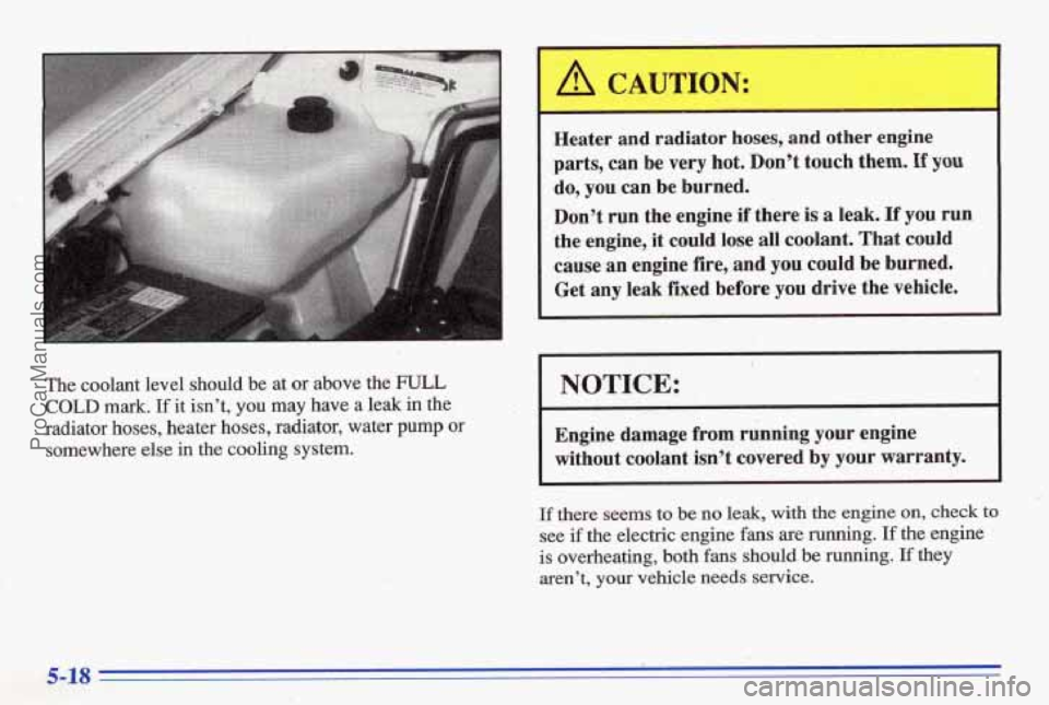 PONTIAC BONNEVILLE 1996  Owners Manual , 
‘The  coolant  level  should  be  at or above  the FULL 
% COLD mark. If it  isn’t, you may have  a  leak in the 
. radiator hoses, heater  hoses,  radiator,  water pump or 
somewhere else in  