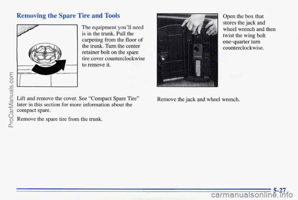 PONTIAC BONNEVILLE 1996  Owners Manual Removing the Spare  Tire  and Tools 
The equipment  you’ll  ,need 
is in the trunk. Pull the 
camethg.  ‘from  the 
floor of 
theku&. Turn the  center 
retainer  bolt 
on the  spare 
tire  cover  