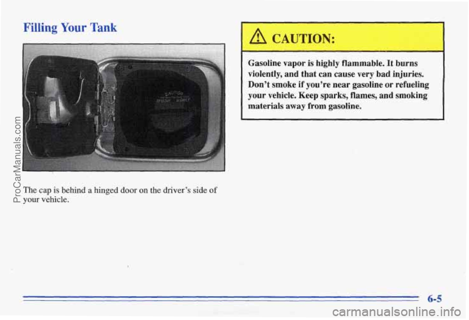 PONTIAC BONNEVILLE 1996  Owners Manual Filling Your Tank 
The cap is behind a hinged  door on the  driver’s  side of 
your vehicle. 
A CAUTION: . 
Gasoline  vapor is highly  flammable.  It  burns 
violently,  and  that  can  cause  very 