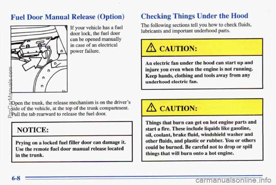 PONTIAC BONNEVILLE 1996 Owners Manual Fuel Door Manual Release (‘Option)
L
If your vehicle has a fuel
door lock, the fuel door
can be opened manually
in case of an electrical
power
failure.
Y
Open the trunk, the rel PONTIAC BONNEVILLE 1996 Owners Manual Fuel Door Manual Release (‘Option)
L
If your vehicle has a fuel
door lock, the fuel door
can be opened manually
in case of an electrical
power
failure.
Y
Open the trunk, the rel