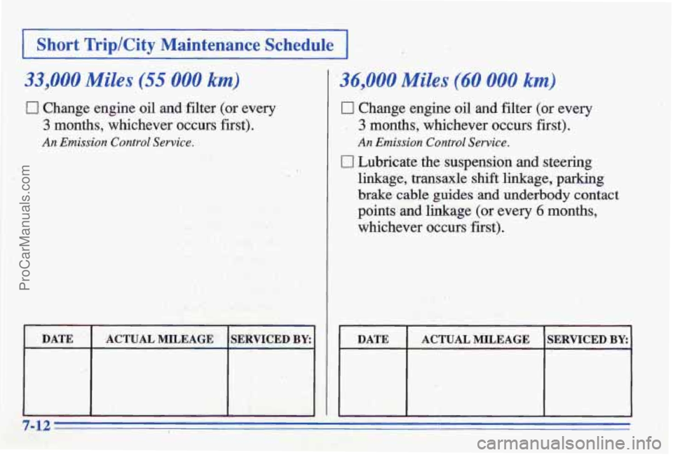 PONTIAC BONNEVILLE 1996  Owners Manual I Short TriplCity Maintenance Schedule ,I 
33,000 Miles (55 000 km) 
0 Change engine  oil ,and filter (or every 
.I  ,- 
;36,000 Miles (40 000 km) 
0 Change  engine oil and filter  (or every 
. 3 mon