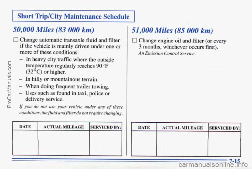 PONTIAC BONNEVILLE 1996  Owners Manual I Short  Trip/City  Maintenance  Schedule 1 
50,OOO;Miles (83 000 km) 1 51,000 Miles (85 000 km) 
Change automatic  transaxle  fluid and filter 
An Emission  Control  Sewice. more of these  condition