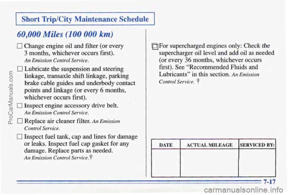 PONTIAC BONNEVILLE 1996  Owners Manual I ’ Short  ”rip/City  Maintenance  Schedule 1 
60,000 Miles (100 000 km) 
CJ Change  engine  oil  and  filter  (or  every 
3 months,  whichever  occurs  first). 
An  Emission  Control Sewice. 
0 L