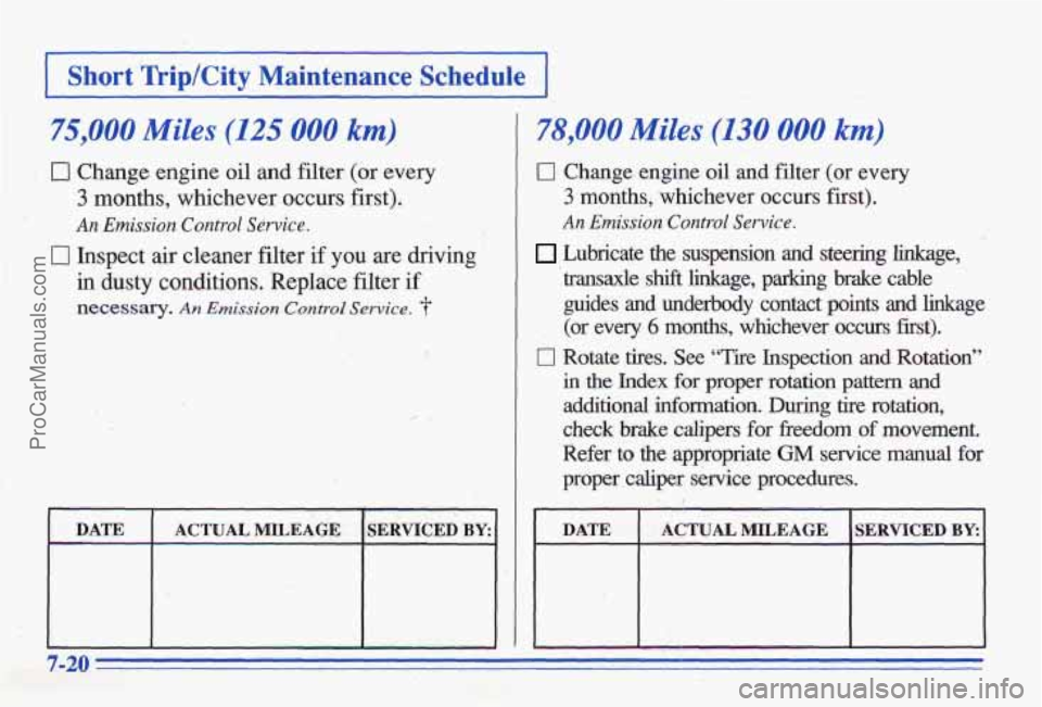 PONTIAC BONNEVILLE 1996  Owners Manual I Short ‘bip/City Maintenance Schedule-1 
. .. 
0 Change engine oil and filter (or every 
3 months,  whichever occurs first). 
An Emission Control Service. 
in dusty conditions, Replace filter if 
[