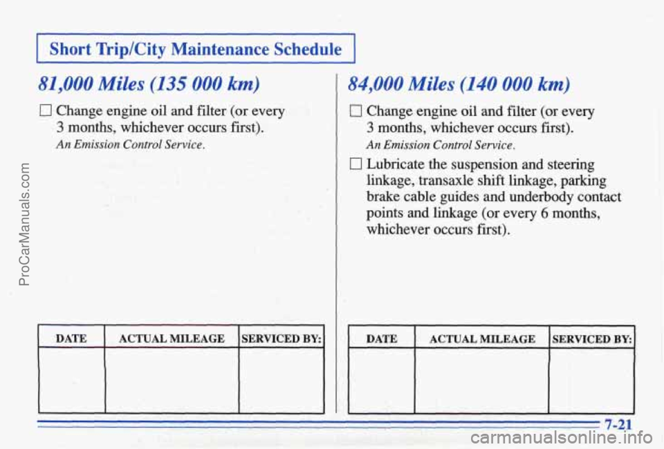 PONTIAC BONNEVILLE 1996  Owners Manual I Short  Trip/City  Maintenance  Schedule I 
81,000 Miles (135 000 km) 
17 Change  engine  oil and filter (or every 
3 months,  whichever  occurs  first). 
An  Emission  Control Service. 
‘DATE I AC