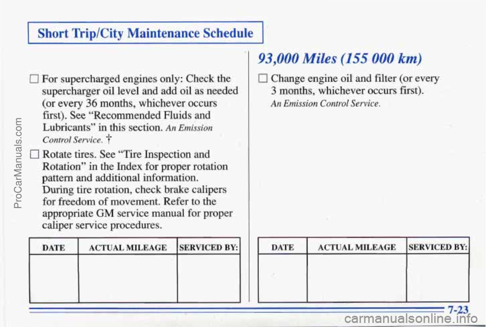 PONTIAC BONNEVILLE 1996  Owners Manual I Short TriplCity  Maintenance Schedule 1 
0 For supercharged  engines only:  Check  the 
supercharger 
oil level  and  add  oil as needed 
(or 
every 36 months,  whichever occurs 
first). See “Reco