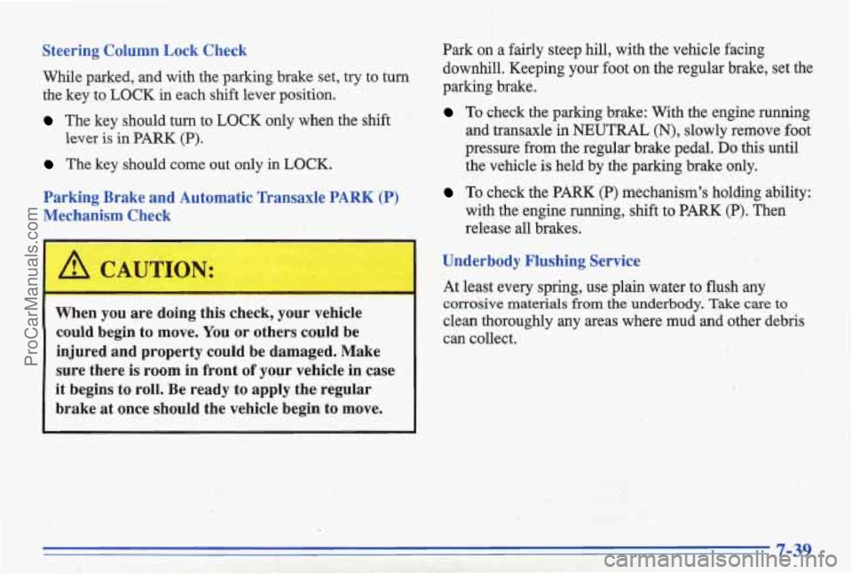 PONTIAC BONNEVILLE 1996  Owners Manual Steering Column Lock Check 
While  parked, and with  the  parking  brake  set, try to  turn 
the  key  to.LOCK  in  each  shift  lever  position. 
The  key  should turn to LOCK only  when  the  shift 