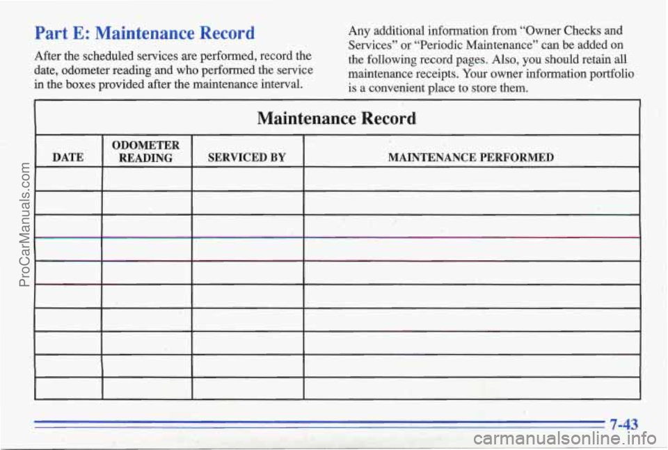 PONTIAC BONNEVILLE 1996  Owners Manual Part E: Maintenance  Record 
After  the  scheduled  services  are  performed,  record  the 
date,  odometer  reading  and  who  performed  the  service 
in 
the boxes  provided  after  the maintenance