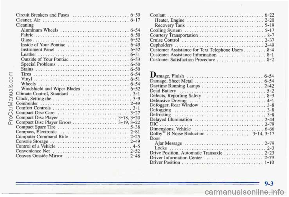 PONTIAC BONNEVILLE 1996  Owners Manual Circuit  Breakers  and  Fuses ................... 6-59 
Cleaner. 
Air .................. : ................. 6-17 
Cleaning 
Aluminum Wheels ............................ 6-54 
Fabric 
................