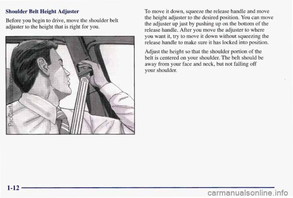 PONTIAC BONNEVILLE 1997  Owners Manual Shoulder  Belt  Height  Adjuster 
Before you begin to drive, move the shoulder belt 
adjuster  to the height that 
is right for you.  To 
move  it down, squeeze the release handle and move 
the height