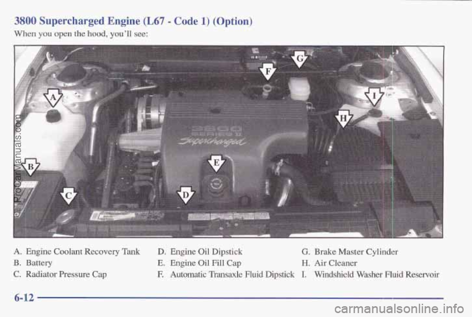 PONTIAC BONNEVILLE 1997  Owners Manual 3800 Supercharged Engine (L67 - Code 1) (Option) 
When you open the  hood, youll see: 
A. Engine  Coolant Recovery Tank D. Engine  Oil  Dipstick G. Brake Master Cylinder 
B. Battery 
E. Engine Oil Fi