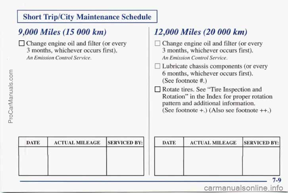 PONTIAC BONNEVILLE 1997  Owners Manual I Short  TriplCity  Maintenance  Schedule I 
9,000 Miles (15 000 km) 
Change engine oil  and filter (or  every 
3 months,  whichever  occurs  first). 
An Emission Control  Service. 
DATE 
SERVICED BY: