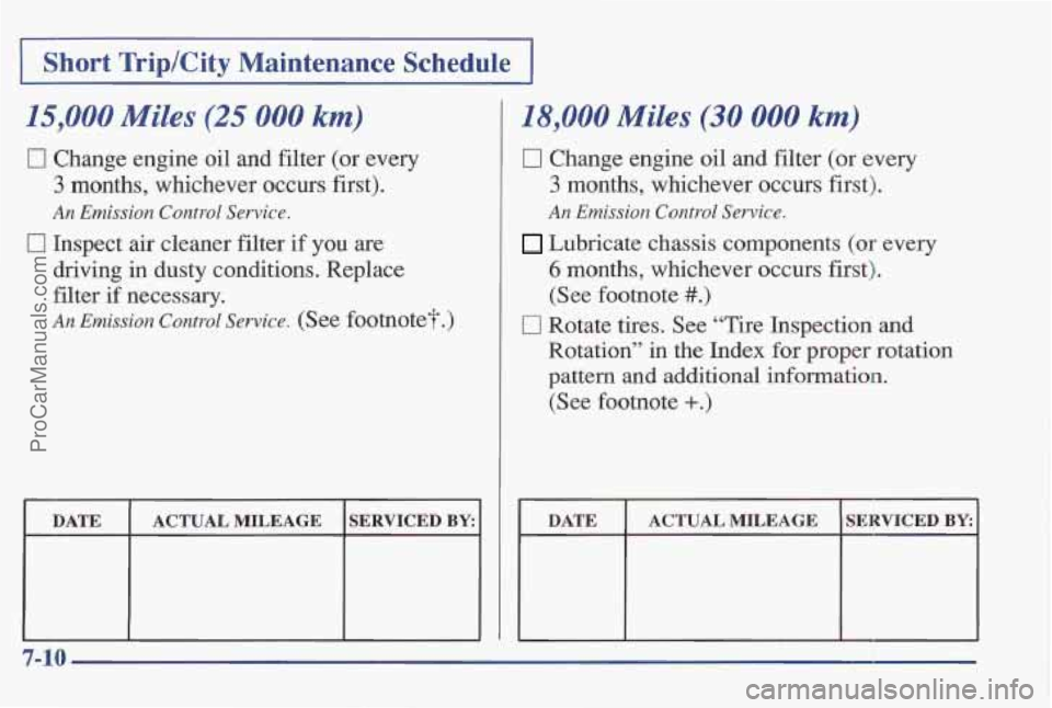 PONTIAC BONNEVILLE 1997  Owners Manual Short Trip/City  Maintenance  Schedule ~  ~~ 
15,000 Miles (25 000 km) 
0 Change  engine oil  and filter (or  every 
3 months,  whichever  occurs  first). 
An Emission Control Service. 
0 Inspect air 