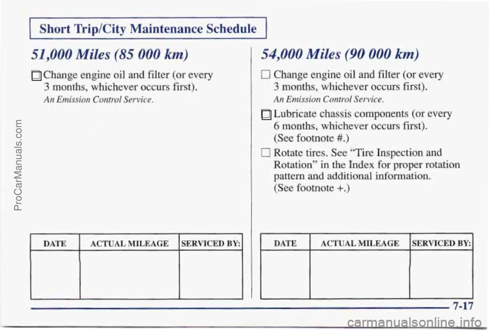 PONTIAC BONNEVILLE 1997  Owners Manual Short  Trip/City  Maintenance  Schedule 
51,000 Miles (85 000 km) 
Change engine oil and filter (or every 
3 months,  whichever  occurs  first). 
An Emission Control Service. 
DATE  SERVICED BY: ACTUA