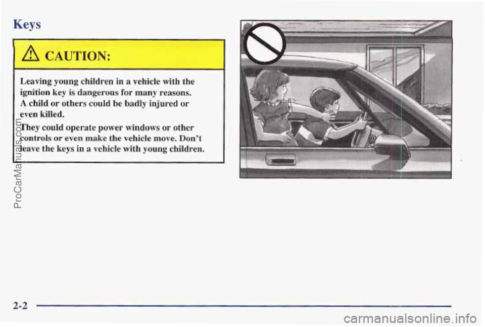 PONTIAC BONNEVILLE 1997  Owners Manual Keys 
A CAI JTION: 
I 
Leaving  young  children  in a vehicle  with  the 
ignition  key  is  dangerous 
for many  reasons. 
A child  or  others could  be  badly  injured  or 
even  killed. 
They coul