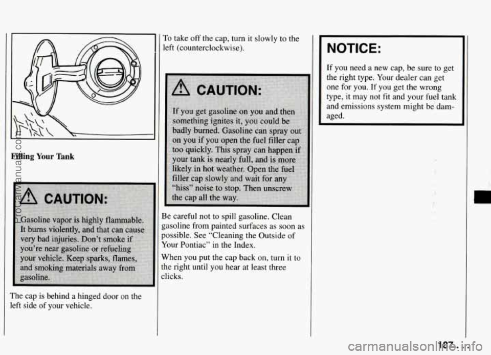 PONTIAC FIREBIRD 1994  Owners Manual I 
Filling Your Tank 
The  cap  is  behind a hinged  door  on  the 
left  side  of  your vehicle.  To 
take 
off the cap,  turn  it  slowly  to the 
left  (counterclockwise). 
Be careful  not  to spil