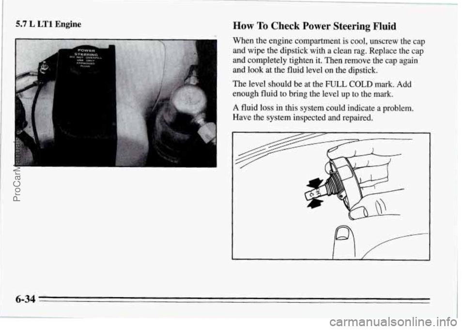 PONTIAC FIREBIRD 1995  Owners Manual 5.7 L LT1 Engine How To  Check  Power  Steering Fluid 
When the engine  compartment  is cool,  unscrew  the  cap 
and  wipe  the  dipstick  with  a  clean  rag.  Replace  the  cap 
and  completely  ti