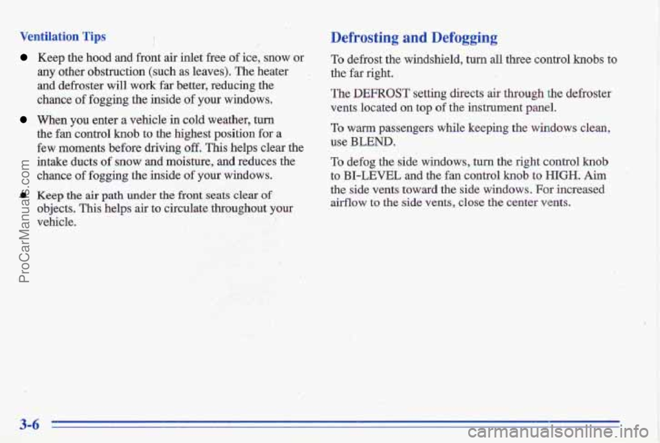 PONTIAC GRAND-AM 1996  Owners Manual Ventilation Tips I 
Keep  the  hood and front  air  inlet  free of ice,  snow  or 
any other  obstruction  (such  as  leaves).  The  heater 
and  defroster  will  work 
far better,  reducing  the 
cha