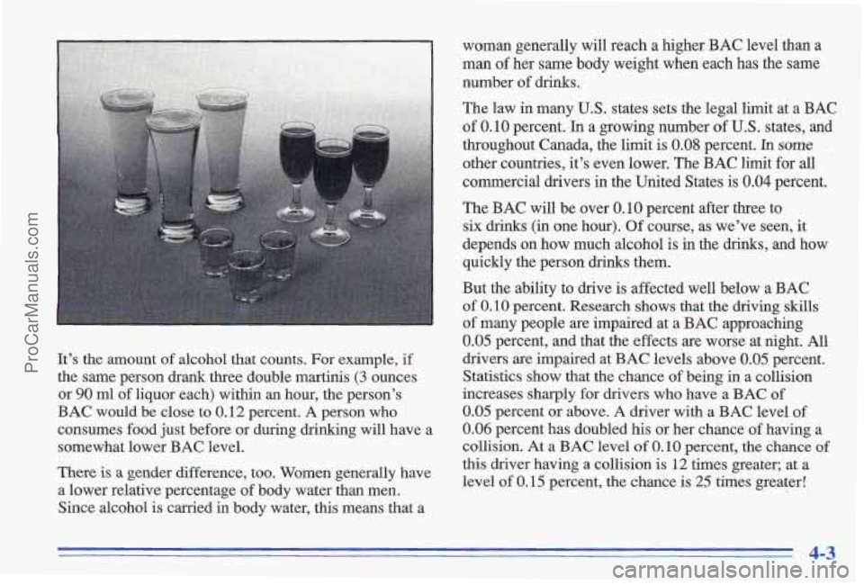 PONTIAC GRAND-AM 1996  Owners Manual ts. For examd 
~~ 
It’s  the  amount  of alcohol  that  coun e, if 
the  same  person  drank  three  double  martinis (3 &nces 
or 
90 ml  of liquor  each)  within  an  hour,  the  person’s 
BAC w