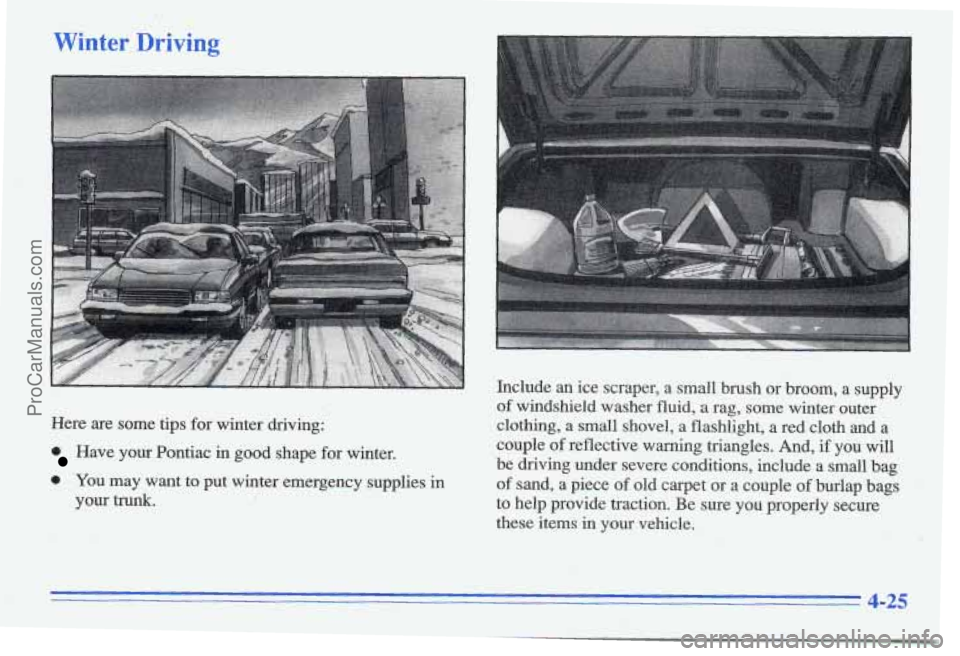 PONTIAC GRAND-AM 1996  Owners Manual Winter Driving 
Here  are  some  tips for winter  driving: 
Have  your  Pontiac in good  shape  for  winter. 
a You  may  want  to  put  winter  emergency  supplies  in 
your trunk. 
Include an ice sc