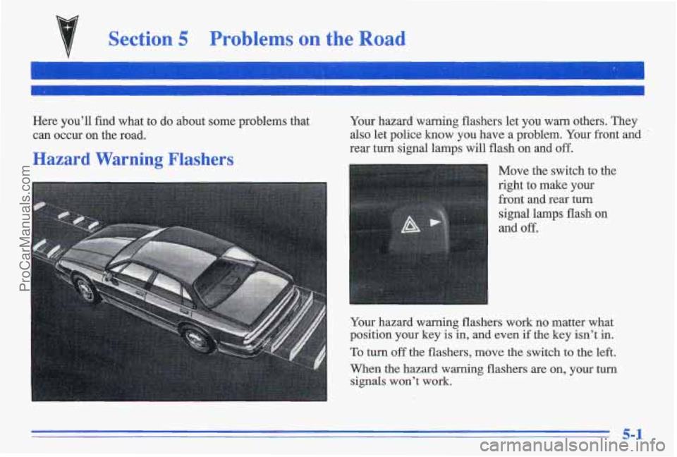 PONTIAC GRAND-AM 1996  Owners Manual Section 5 Problems on the Road 
Here you’ll find what to do about some problems  that 
can  occur on the road. 
Hazard  Warning Flashers 
Your  hazard warning flashers  let you  warn  others. They 
