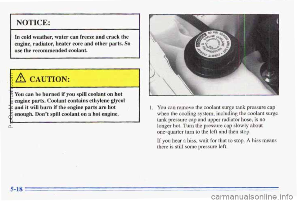 PONTIAC GRAND-AM 1996  Owners Manual NOTICE: 
In cold  weather,-water  can  freeze  and  crack  the 
engine,  radiator,  heater  core  and 
other parts. So 
use  the  recommended  coolant. 
You  can 
be burned if you  spill  coolant on h