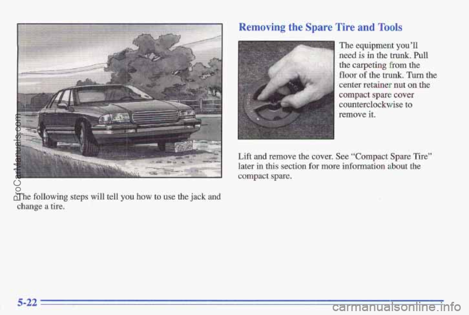 PONTIAC GRAND-AM 1996  Owners Manual Removing the Spare Tire and Tools 
The  following  steps  will  tell you how to  use the jack and 
change a tire,  The 
eaubhent 
vou’ll AI 
need is in the t&. Pull 
the carpeting from the 
floor of