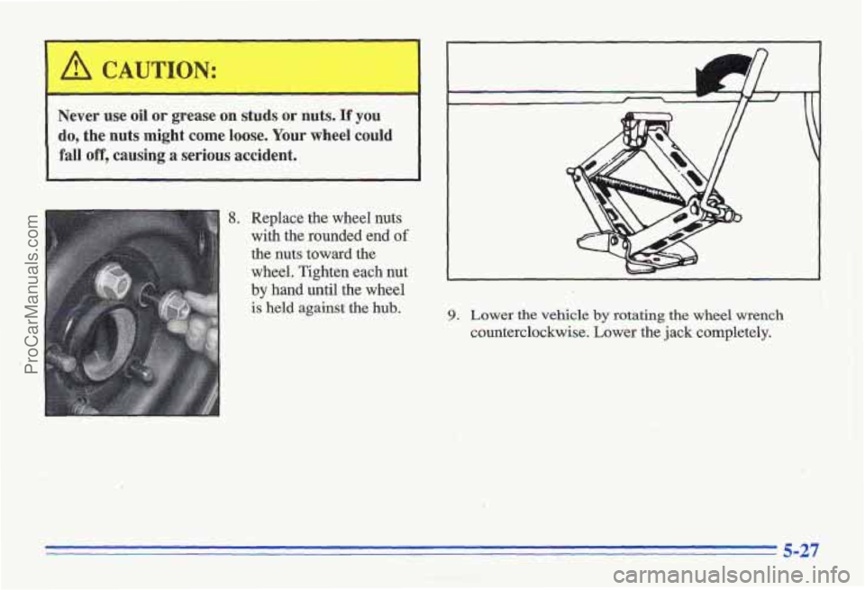 PONTIAC GRAND-AM 1996  Owners Manual I A CAUTION: 
Never  use  oil or grease on studs  or nuts. If you 
do,  the  nuts  might  come  loose.  Your  wheel  could fall  off,  causing  a  serious  accident., 
%  
j !. , . , , ,. 
8. Replac