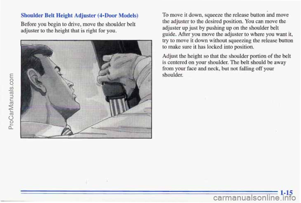 PONTIAC GRAND-AM 1996  Owners Manual I 
Shoulder  Belt  Height  Adjuster  (&Door  Models) To  move it down,  squeeze  the  release  button  and  move 
Before 
you begin  to  drive,  move  the  shoulder belt 
adjuster  to  the  height  th