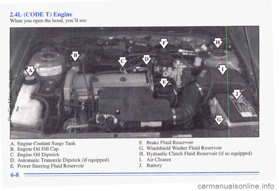 PONTIAC GRAND-AM 1996  Owners Manual 2.4L (CODE T) Engine 
When you open  the hood, you’ll see: 
Brake Fluid  Reservoir 
B. Engine Oil Fill Cap G. Windshield  Washer Fluid Reservoir 
C. Engine Oil Dipstick M. Hydraulic  Clutch  Fluid  