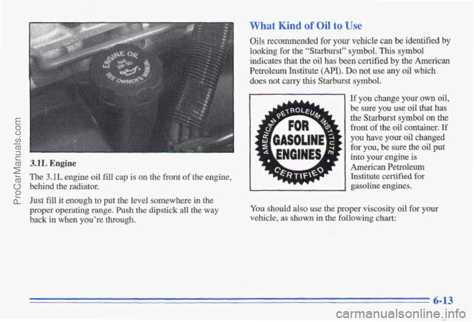 PONTIAC GRAND-AM 1996  Owners Manual What Kind of’Oil to Use 
3.1L Engine 
The 3.1L engine  oil fill cap  is  on  the  front of the  engine, 
behind  the radiator. 
Just  fill it  enough  to  put  the  level  somewhere  in  the 
proper