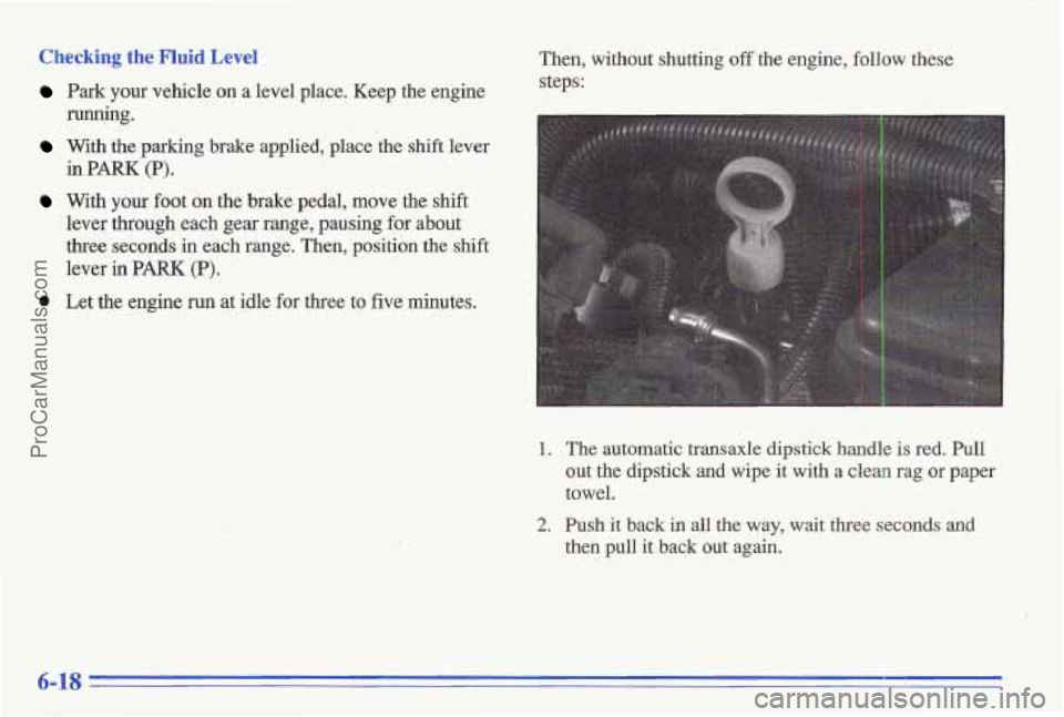 PONTIAC GRAND-AM 1996  Owners Manual Checking the Fluid Level 
 Park your  vehicle  on a level  place.  Keep  the engine 
running. 
With  the parking  brake  applied,  place the shift lever 
in 
PARK (P). I 
With your  foot on the brake