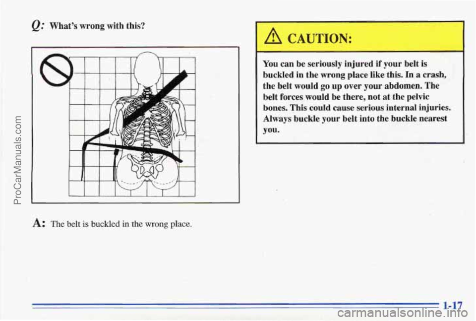 PONTIAC GRAND-AM 1996  Owners Manual &.’ What’s wrong  with  this? 
A: The belt is buckled in the wrong place. 
-. 
’f 
A CAUTION: -1 
You  can be seriously  injured if your  belt is 
buckled  in the  wrong  place  like this. In 
a