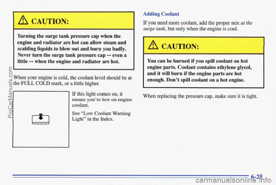 PONTIAC GRAND-AM 1996  Owners Manual A CAUTION: 
Turning  the  surge tank pressure  cap when  the 
engine  and  radiator  are  hot  can allow steam  and 
scalding liquids  to blow  out  and  burn  you  badly. 
Never  turn the  surge  tan