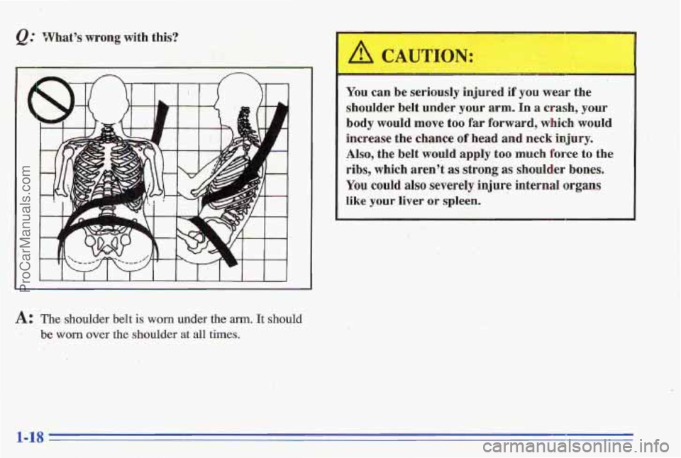 PONTIAC GRAND-AM 1996  Owners Manual I 
A: The shoulder  belt is worn under the arrn. It should 
.. be worn over the shoulder  at  all  times. 
You can b me seriously  injured  if you wear  th 
shoulder  belt  under  your  arm. In a cras