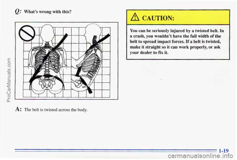 PONTIAC GRAND-AM 1996  Owners Manual @ Whats  wrong  with  this? 
You can  be  seriously  injured  by  a  twisted  belt.  In 
a crash,  you  wouldnt have the  full  width  of the 
belt  to  spread  impact  forces.  If 
a belt  is  twis