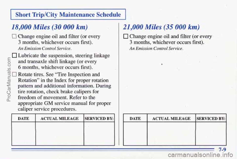 PONTIAC GRAND-AM 1996  Owners Manual Short  TriplCity  Maintenance  Schedule ,’ 
! 
18,000’ Miles: (30 000 km) I :. 
El Change engine oil and filter (or  every 
3 months,  whichever  occurs  first). 
An Emission  Control Service. 
Lu