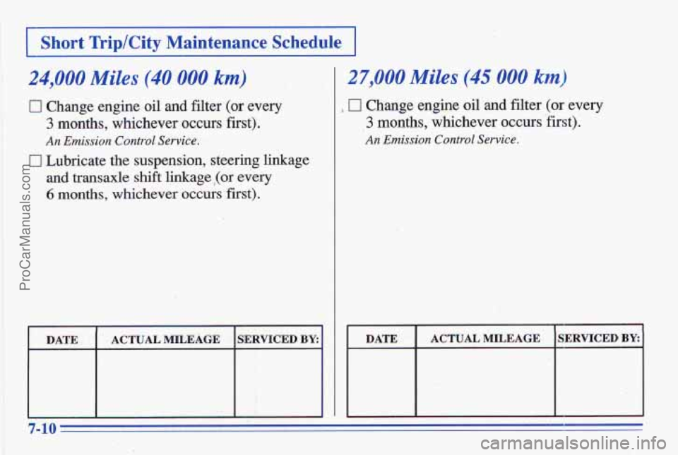 PONTIAC GRAND-AM 1996  Owners Manual I Short Trip/City Maintenance Schedule I 
24,000 Miles (40 000 km) 
I7 Change engine oil  and filter (or every 
3 mdnths,  whichever occurs first). 
An Emission Control Service, 
and transaxle shift l