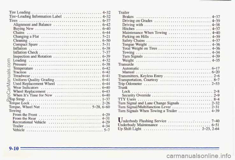 PONTIAC GRAND-AM 1996  Owners Manual Tire Loading .................................... 4-32 
Tire-Loading  Information  Label 
................... 4-32 
Tires 
......................................... 6-37 
Alignment 
and Balance ......