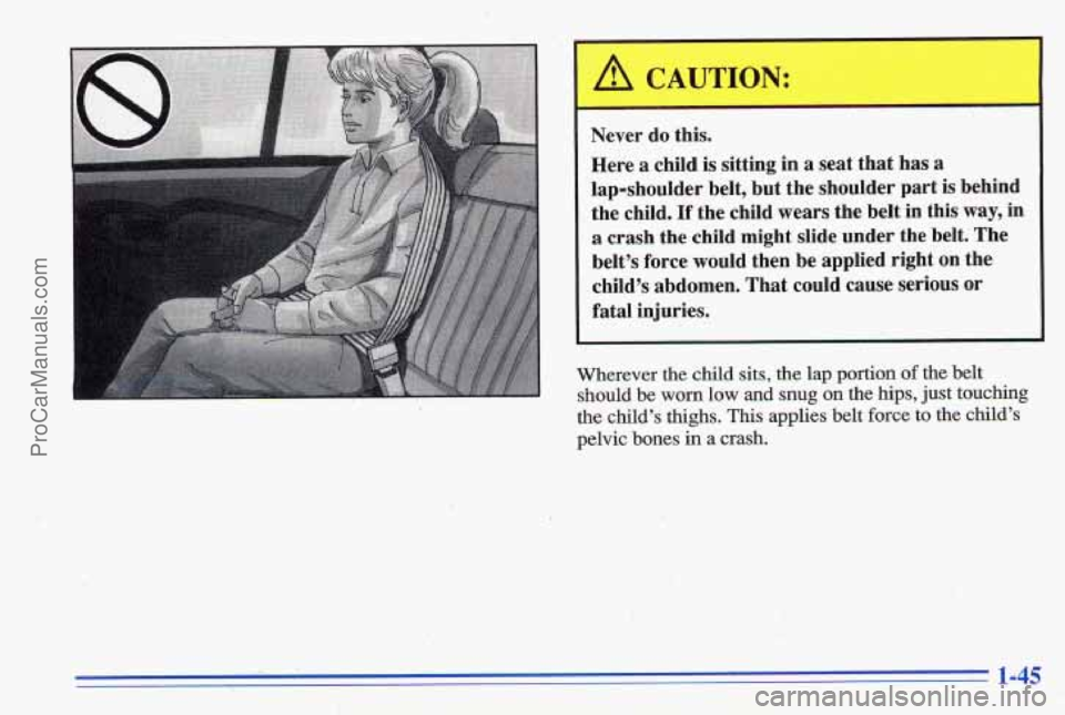 PONTIAC GRAND-AM 1996  Owners Manual - 
Never do this. 
Here 
a child is sitting  in a seat  that  has a 
lap-shoulder  belt, but  the  shoulder  part  is behind 
the  child. 
If the  child  wears  the  belt  in this  way, in 
a crash  t