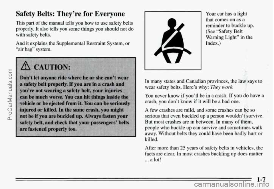 PONTIAC GRAND-AM 1995  Owners Manual Safety  Belts:  They’re for  Everyone 
This  part of the  manual  tells  you  how  to use  safety  belts 
properly.  It 
also tells you some  things  you  should  not  do 
with  safety  belts. 
And 