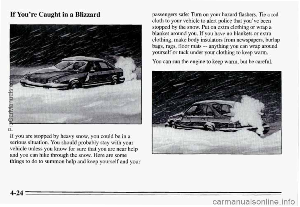 PONTIAC GRAND-AM 1995  Owners Manual If You’re Caught  in a Blizzard 
If you are stopped  by  heavy  snow,  you  could  be  in  a 
serious  situation.  You should  probably  stay  with  your 
vehicle  unless  you 
know for sure that  y