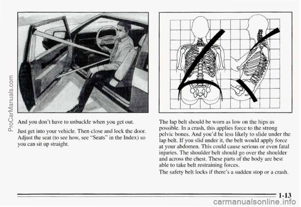 PONTIAC GRAND-AM 1995  Owners Manual And  you  don’t  have to  unbuckle  when  you  get  out. 
Just  get  into  your  vehicle.  Then  close  and  lock  the  door. 
Adjust  the  seat  (to  see  how,  see “Seats’’  in  the  Index) 