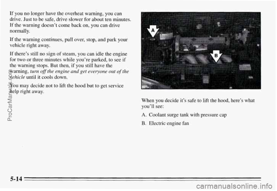 PONTIAC GRAND-AM 1995  Owners Manual If you  no  longer have the  overheat  warning,  you  can 
drive.  Just  to  be  safe, drive  slower  for  about  ten  minutes. 
If the warning  doesn’t  come back on, you  can  drive 
normally. 
If